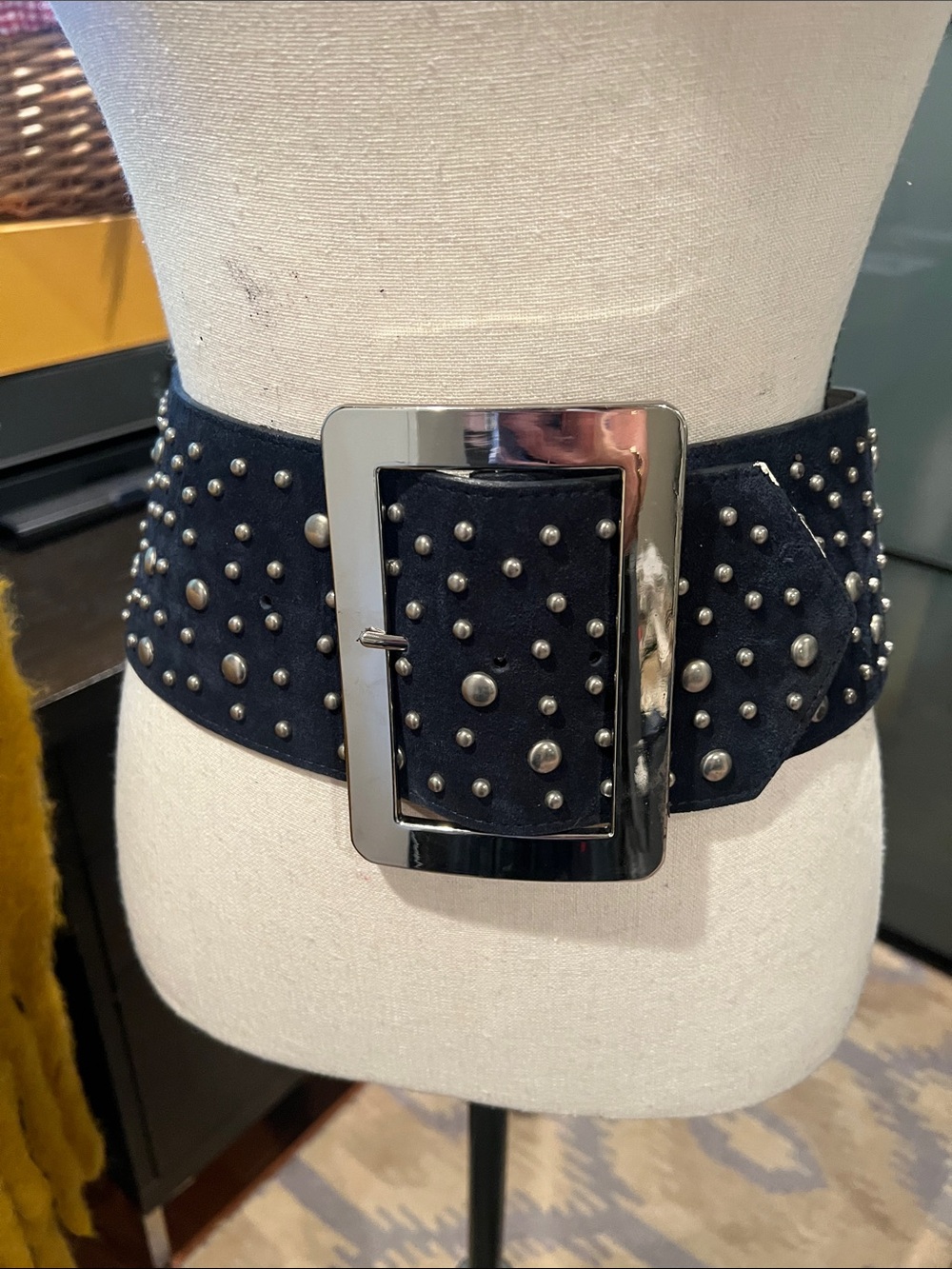 Betsey Johnson Navy Studded Wide Waist Belt with Silver Buckle